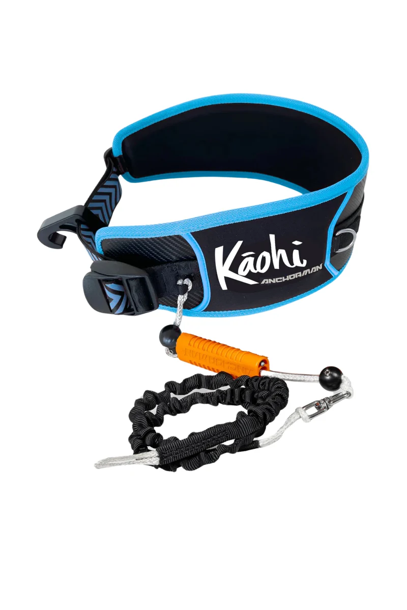 Kaohi Anchorman wing foil waist harness with integrated quick-release wing leash and orange sea anchor handle, designed for hands-free wing foiling and safety at sea.